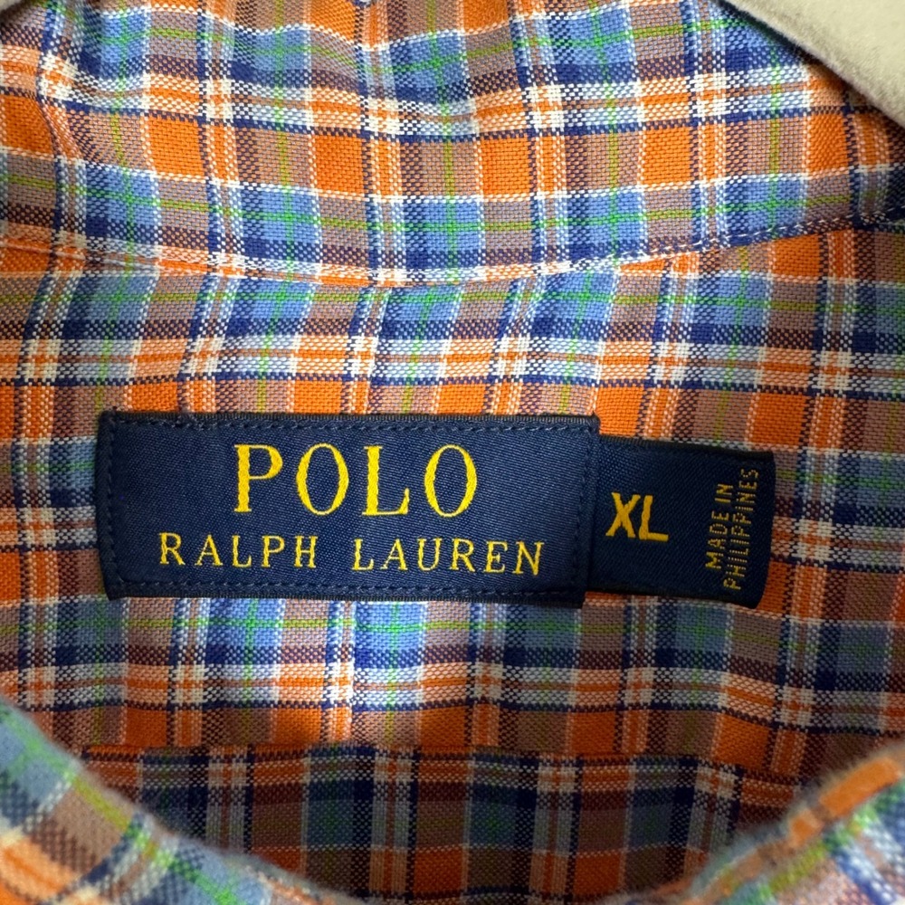 Polo Ralph Lauren Mens XL Orange Blue Plaid Long Sleeve Cotton Button Down Shirt - Picture 2 of 6